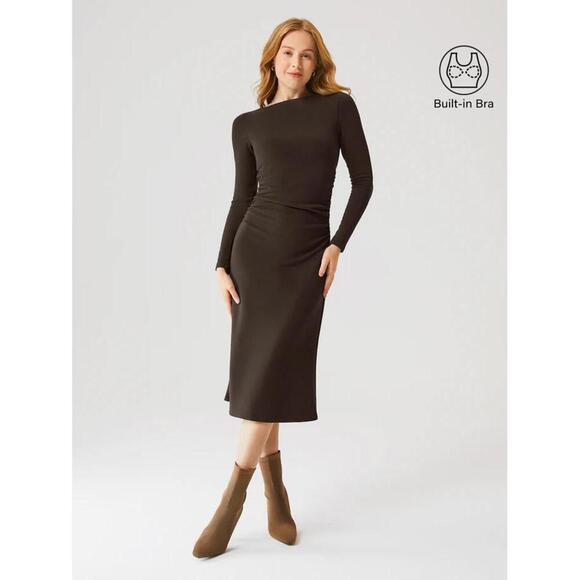 NWT OGL Midi Dress Womens Size XS Espresso Shut Thermal Boatneck Ruched Built-in - Picture 1 of 3